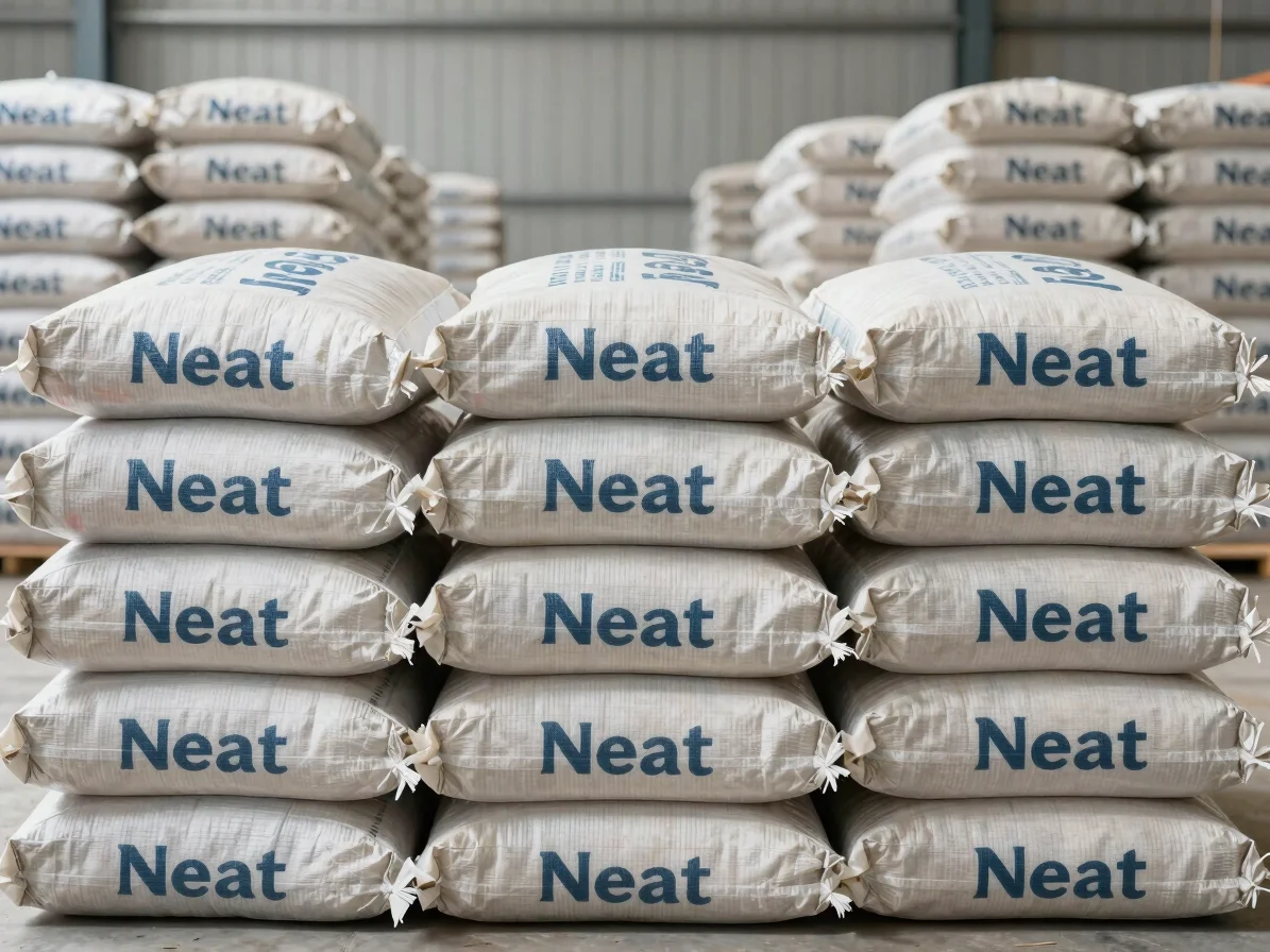Neat stack of woven plastic rice sacks with custom branding, clean industrial warehouse background, crisp high-key dayli