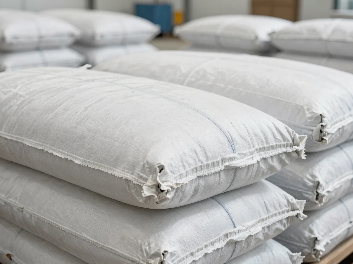 Close-up of heavy-duty woven polypropylene fertilizer sack, reinforced stitching visible, in a bright industrial storage