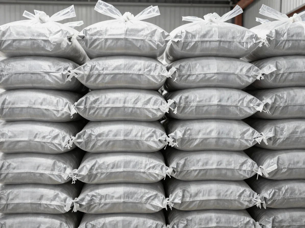 Stack of clear woven plastic sacks, showing texture and transparency, in a clean, brightly lit warehouse setting, high c